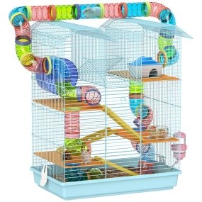 Jaula para hámster de 5 niveles 47x30x59 cm con túnel, comedero, bebedero, casita y rueda azul claro