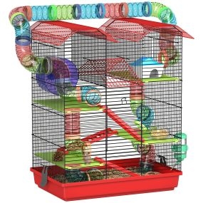 Jaula para hámster de 5 niveles 47x30x59 cm con túnel comedero bebedero casita rueda y escaleras roja
