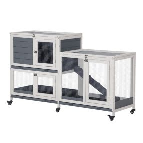 Conejera de madera con ruedas 147x45,5x88,5 cm gris de 2 niveles con techo abrible