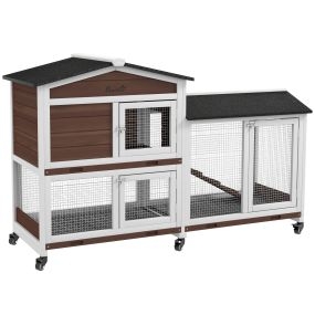 Conejera de madera con ruedas 157,4x53x99,5 cm para conejos, techo asfáltico, bandejas extraíbles, marrón