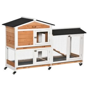 Conejera de madera con ruedas 157,4x53x99,5 cm para conejos con techo asfáltico y bandejas extraíbles