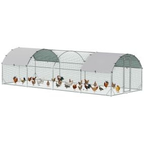 Gallinero exterior grande de acero galvanizado 280x760x197 cm con cubierta impermeable UV plata