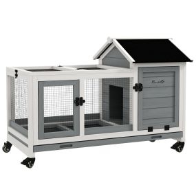 Conejera de madera con ruedas, techo abatible y bandeja extraíble, 108x58x73,5 cm, gris