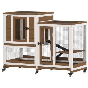 Conejera de madera de 2 niveles con 6 ruedas, 2 escaleras y 3 bandejas extraíbles 110x50x86 cm marrón