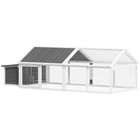 Gallinero de madera para exterior 240x112,5x76 cm con techo abatible, cerradura y nido blanco y gris