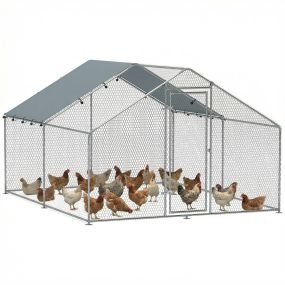 Gallinero para Exterior Grande 3x3,4x1,9 m Gallinero de Acero Galvanizado Puerta con Doble Cierre, Cubierta Tela Anti-UV e Impermeable Diseño Accesible para 10-15 Gallinas Conejos Plata