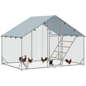 Gallinero para Exterior 6 m² 3x2x1,95 m para 6-8 Gallinas Gallinero de Acero Galvanizado con Percha Comedero Colgante Tipo Brocheta Cerradura Cubierta Anti-UV Impermeable para Conejos Plata