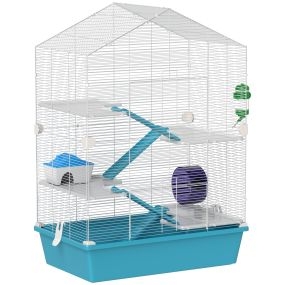 Jaula para hámster de 5 niveles con plataformas, cuenco, bebedero, casita, rampas y rueda 58x36x81 cm azul claro