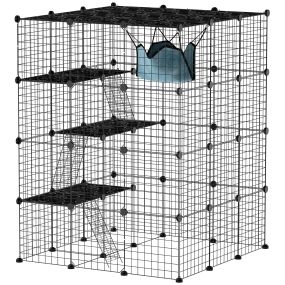 Jaula Grande para Gatos Interior, Recinto para Gatos de 4 Niveles con 5 Puertas, 3 Plataformas de Salto, 3 Rampas, Hamaca, Parque para Mascotas, 105x105x140 cm, Negro