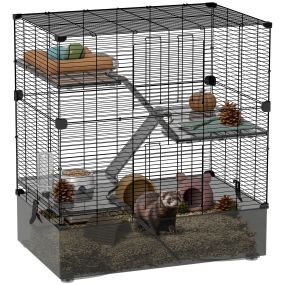 Jaula para animales pequeños de 4 niveles con bandeja profunda, rampas, plataformas y accesorios 73x47x80 cm negro