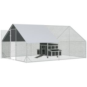 Conjunto de 1 Gallinero de Madera con Ventana Puerta Nido Bandeja Extraíble 147x93,5x89,5 cm y 1 Gallinero para Exterior Grande de Acero Galvanizado 3x4x2 m