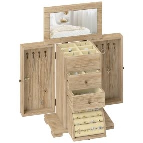 Caja joyero de madera de 4 niveles con 2 cajones y espejo, organizador grande natural