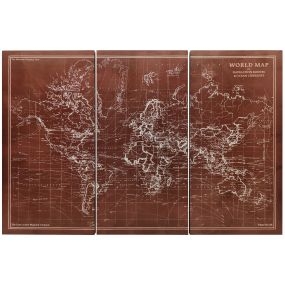 Cuadros trípticos de mapamundi vintage en lienzo 120x60 cm con marco de madera marrón