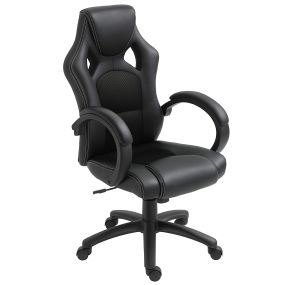 Silla de oficina y estudio con función basculante, altura ajustable, respaldo alto, cuero PU y malla, negro, 71x61x108-118 cm