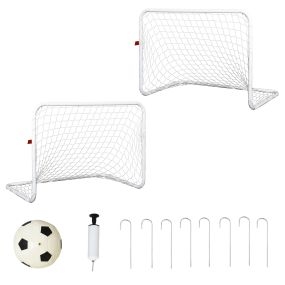 Set de 2 porterías de fútbol con red y balón, acero y poliéster, 78x46x56 cm, blanco
