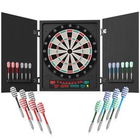 Diana Electrónica Digital hasta 8 Jugadores con 12 Dardos y 30 Puntas con Pantalla LED Puertas 27 Juegos Distintos y 202 Variantes 51x6,5x57 cm Negro