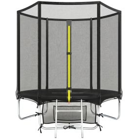 Cama Elástica Niños Exterior Ø183 cm, Trampolín para Niños de +6 Años con Red de Seguridad, Escalera de 2 Peldaños, Cubierta de Muelles, Bolsa de Almacenamiento, Carga 80 kg, Negro