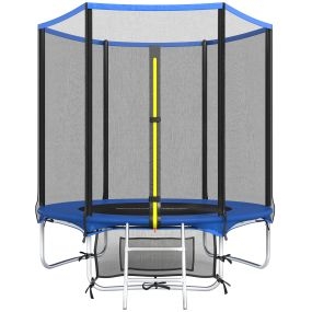 Cama Elástica Niños Exterior Ø183 cm, Trampolín para Niños de +6 Años con Red de Seguridad, Escalera de 2 Peldaños, Cubierta de Muelles, Bolsa de Almacenamiento, Carga 80 kg, Azul