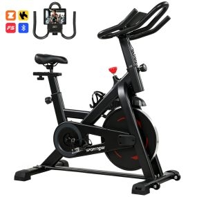 Bicicleta Estática en Casa con Resistencia Magnética, APP Bluetooth, Bici Estática Silenciosa con Pantalla LCD, Volante, Asiento y Manillar Ajustables, Ruedas, Soporte Teléfono, Portabotellas