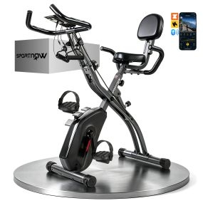 Bicicleta Estática Plegable 3 en 1 con Respaldo y 8 Niveles Resistencia Magnética Bicicleta Estática Casa Ajustable con Bluetooth Monitor LCD Volante Bandas Sensor Pulso Soporte Móvil Negro