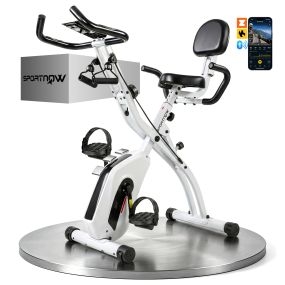 Bicicleta estática plegable 3 en 1 con respaldo, 8 niveles de resistencia magnética, Bluetooth y LCD blanca