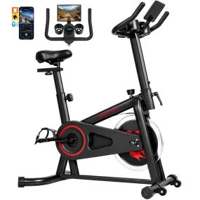 Bicicleta Estática en Casa con APP Bluetooth, Resistencia Ajustable, Bici Estática Silenciosa con Pantalla LCD, Volante, Asiento y Manillar Ajustables, Ruedas, Soporte Teléfono, Portabotellas