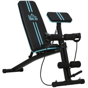 Banco de musculación plegable azul con respaldo inclinable 7 niveles, extensión de pierna y predicador