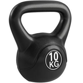 Pesa Rusa 10 kg, Kettlebell Revestimiento de Plástico y Relleno de Arena, con Mango Ancho y Base Plana, para Entrenamiento Culturismo, en Casa, Gimnasio, Negro