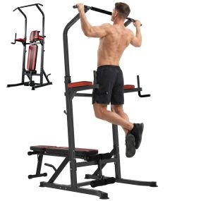 Estación de musculación plegable con barra de dominadas, banco reclinable, 150 kg, negro y rojo