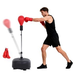 Saco de boxeo de pie ajustable 136-154 cm con base rellenable y guantes rojo