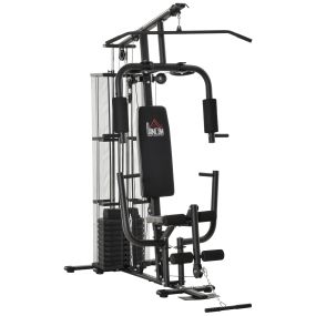 Máquina Multiestación Musculación Máquina de Musculación con Prensa de Piernas y Pecho Placas de Pecho Placas de Peso de 45 kg y Polea para Entrenamiento Fitness en Hogar Gimnasio Negro