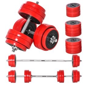 Juego de mancuernas ajustables 30 kg 2 en 1 con 12 discos, 2 barras y biela, negro y rojo