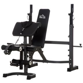 Banco de musculación multifuncional con respaldo inclinable y soporte de barras, negro, 300 kg, 187x140x117-136 cm