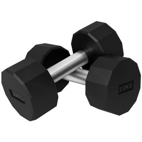 Juego de mancuernas dodecagonales 2 x 10 kg de metal recubiertas de goma negro con agarres antideslizantes
