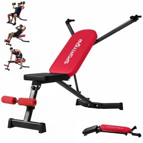 Banco de musculación plegable con respaldo ajustable en 3 niveles, plano, inclinación y declive, con extensión de pierna y bandas de resistencia para casa y gimnasio