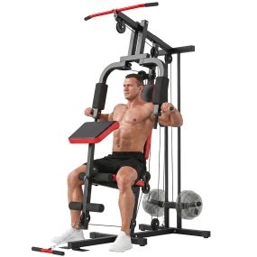 Multiestación Musculación, Máquina de Musculación con Polea Alta y Baja, Prensa de Pecho, Curl de Piernas y Bíceps, Mariposa, Compatible con Discos 25 y 50 mm Carga 120 kg para Gimnasio Casa