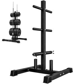 Soporte para Discos de Pesas, Soporte Pesas, de Acero Resistente, Carga 300 kg, para Discos de 25 mm y 50 mm, con 2 Estantes para Barra y 2 Clips de Seguridad para Gimnasio en Casa, Negro