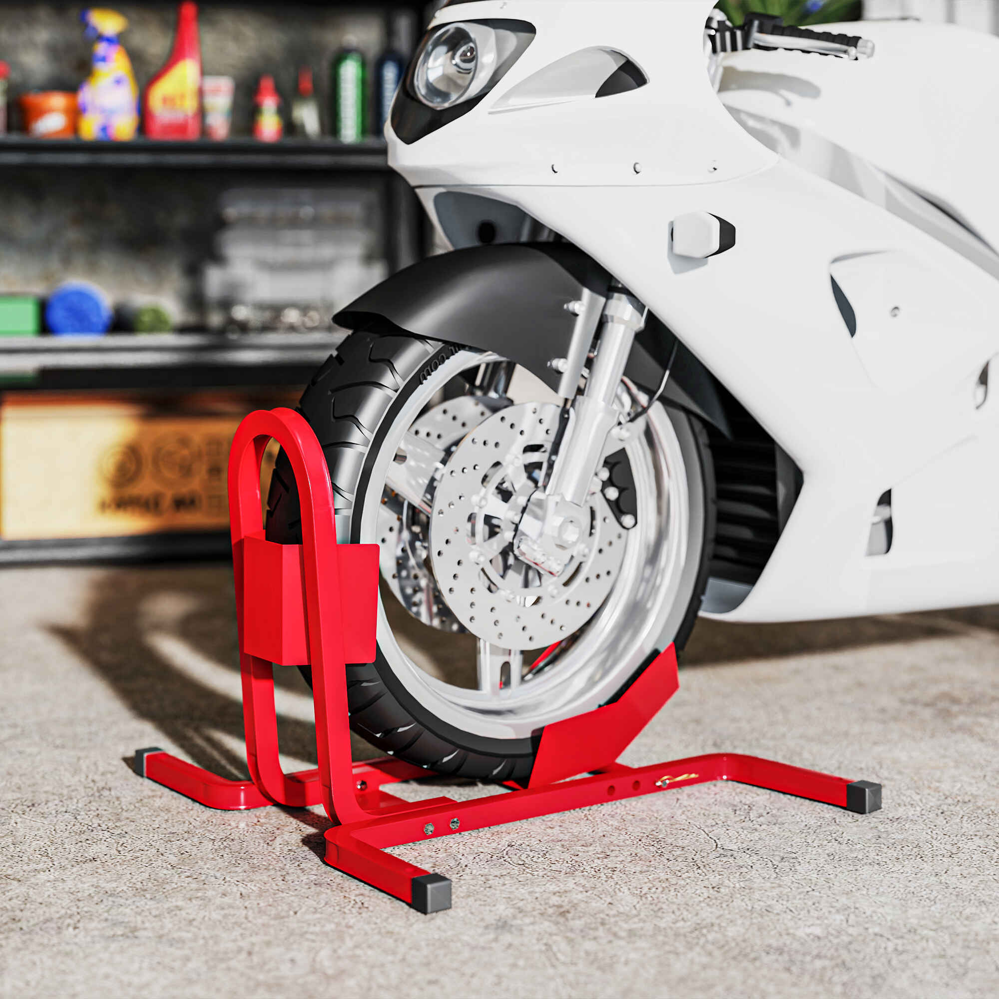 Caballete de Moto Delantera, Soporte para Rueda Delantera de Moto Ajustable en 3 Niveles de Metal Robusto, para Ruedas ∅43, 48, 53 cm, Rojo
