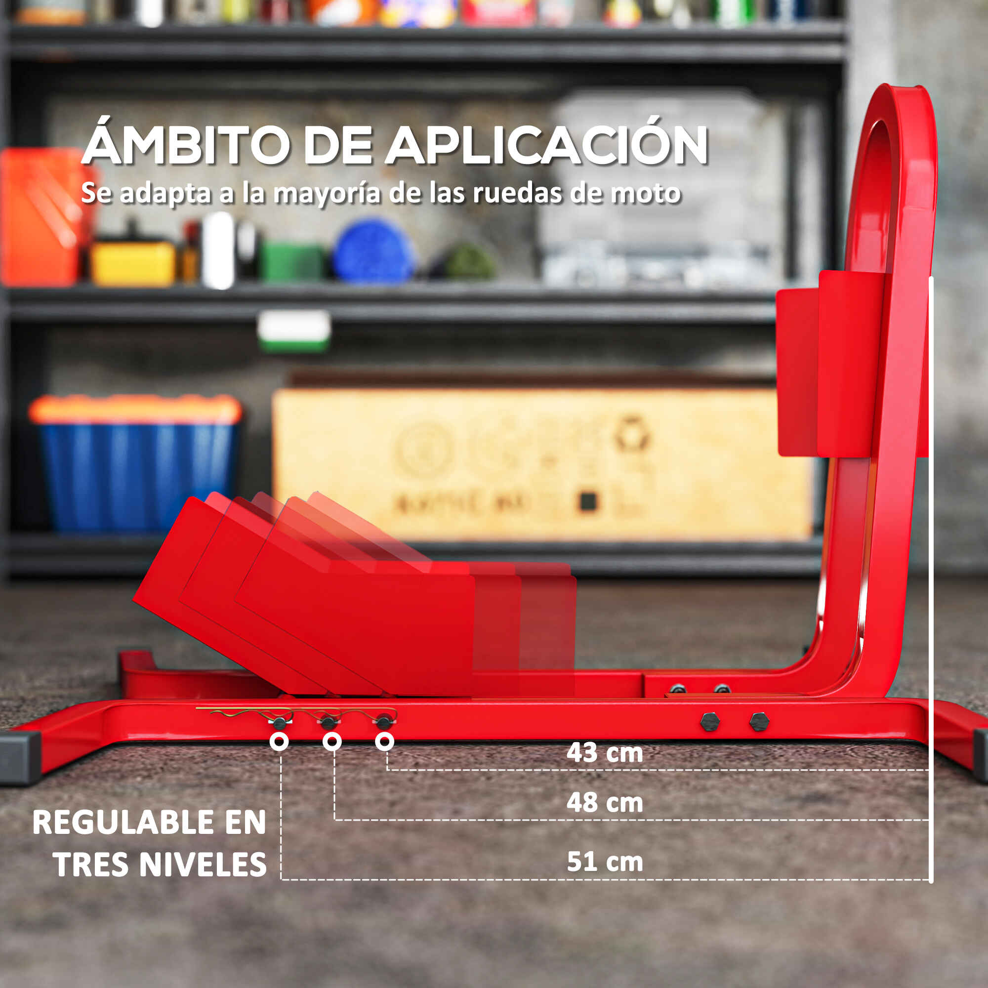 Caballete de Moto Delantera, Soporte para Rueda Delantera de Moto Ajustable en 3 Niveles de Metal Robusto, para Ruedas ∅43, 48, 53 cm, Rojo
