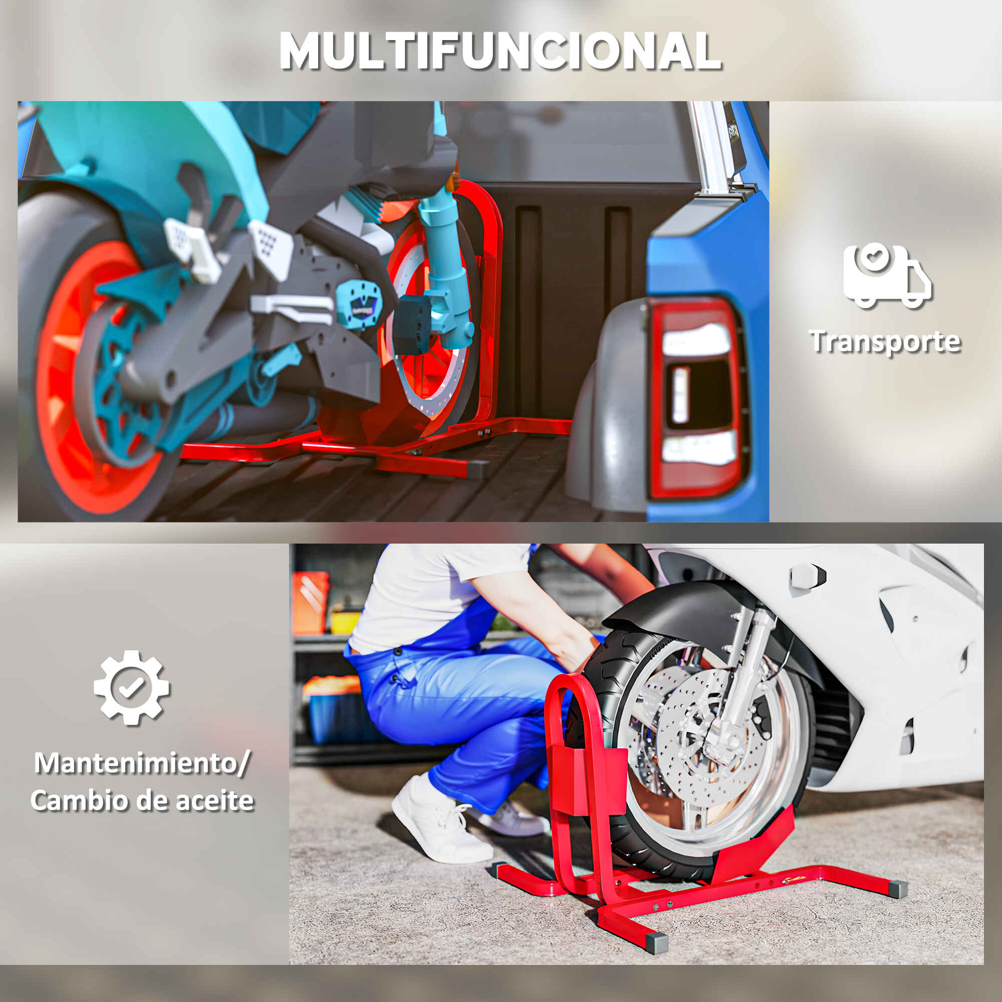Caballete de Moto Delantera, Soporte para Rueda Delantera de Moto Ajustable en 3 Niveles de Metal Robusto, para Ruedas ∅43, 48, 53 cm, Rojo