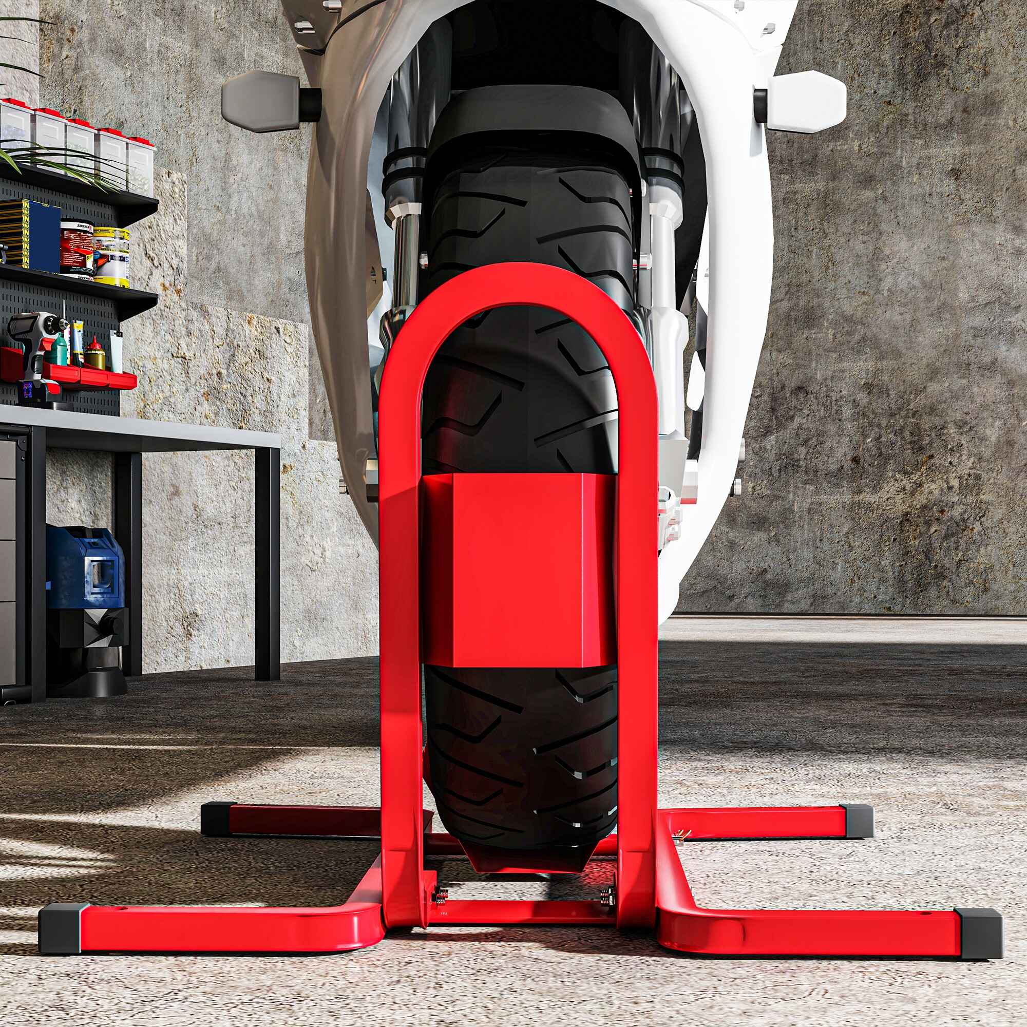 Caballete de Moto Delantera, Soporte para Rueda Delantera de Moto Ajustable en 3 Niveles de Metal Robusto, para Ruedas ∅43, 48, 53 cm, Rojo