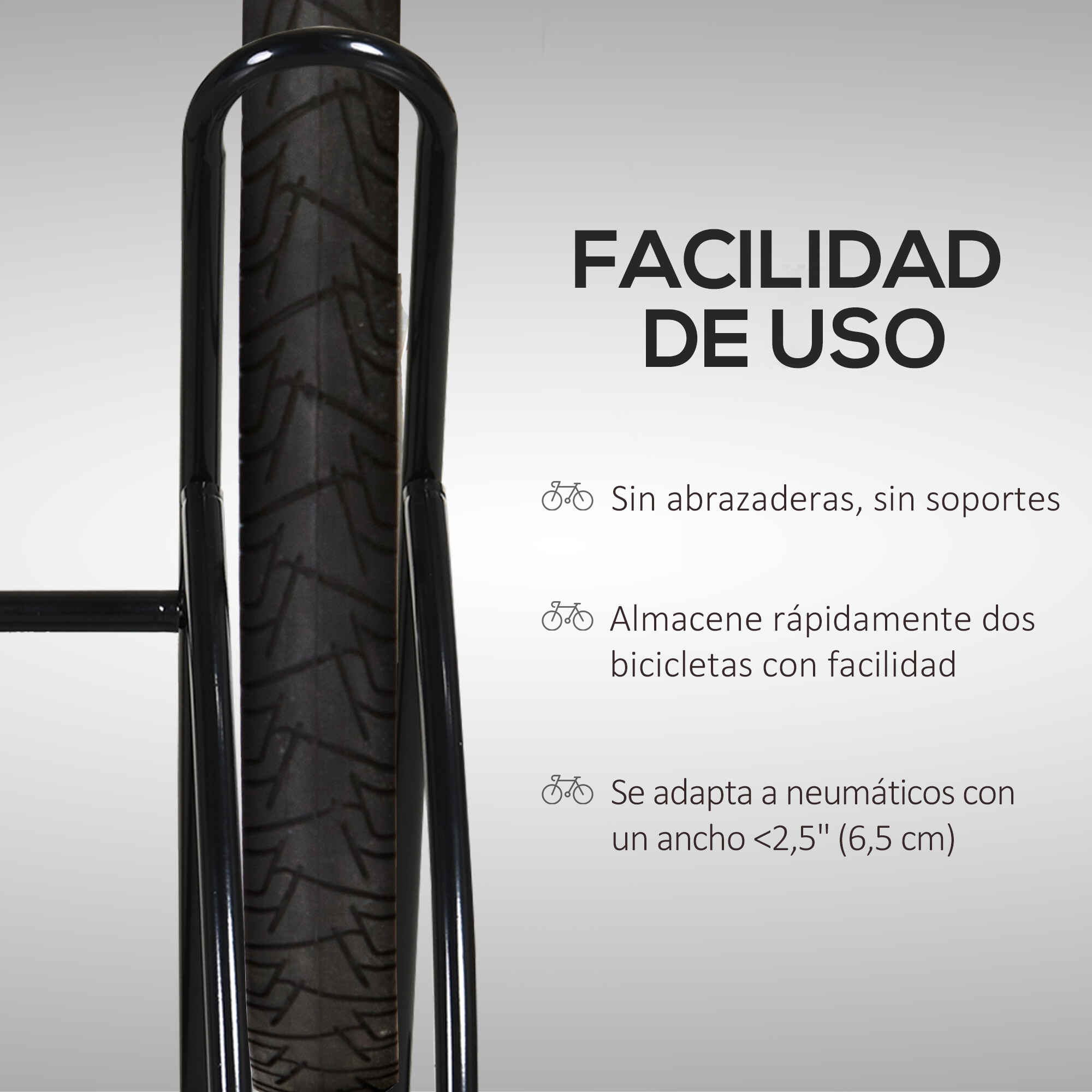 Soporte para aparcar 2 bicicletas, 65 mm de ancho, antideslizante, interior y exterior, negro