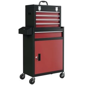 Carro de Herramientas con 5 Cajones y Cerraduras Carro de Taller con Ruedas Caja de Herramientas de Acero con Puerta Extraíble para Taller Garaje Negro y Rojo