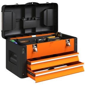 Caja de herramientas vacía resistente con 2 cajones y asa de transporte, naranja