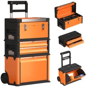 Taller móvil apilable 3 en 1 de acero con ruedas, bandeja y mango telescópico naranja y negro