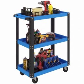 Carro de taller con 3 estantes, ruedas con freno y asa lateral, carga 120 kg, azul