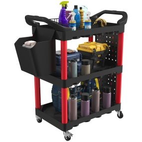 Carro de taller de 3 niveles con paneles perforados, asa lateral, ganchos y cubeta, negro y rojo