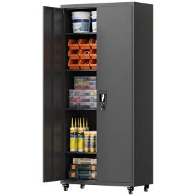 Armario de herramientas de acero con ruedas y freno, 180 cm, 4 estantes, negro