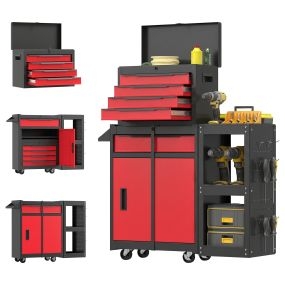 Carro de Herramientas con 5 Cajones 3 en 1, Caja de Taller Metálica con Soporte Lateral, Armario Inferior, Paneles Perforados, Cerradura, Asa, 2 Ruedas con Freno de Bloqueo, Negro y Rojo