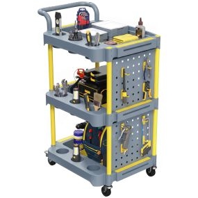 Carro de Herramientas con Ruedas de 3 Niveles, Carro de Taller con Panel Perforado, 8 Ganchos, Estructura de Aluminio, para Garaje, Taller o Almacén, Gris y Amarillo